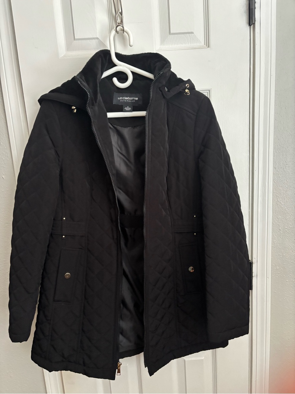 Liz Claiborne Black Quilted Hooded Coat with Gold-Tone Accents
